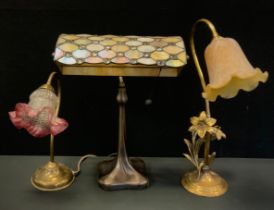 An Art Nouveau style brass table lamp, floral column, Murano style shade, 46cm high, another smaller