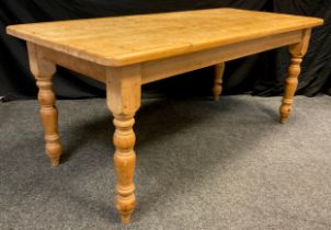 A Farmhouse pine, plank-top dining / kitchen table, rounded rectangular top, turned legs, 77cm