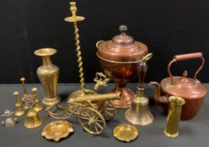 Metalware - copper Samovar, brass candlestick, trench art shell case vase etc