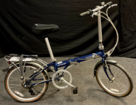 A Dahon 7 speed folding bicycle, blue frame, adjustable seat, 39cm diameter wheels.