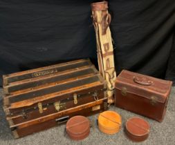 Luggage and Bags- Vintage oak bound trunk, 31cm x 77cm ,three leather collar boxes, golf bag,