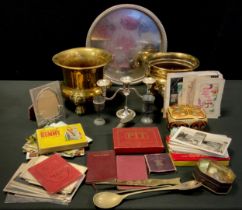 A Brass planter with dog mask legs, another faces; American 1890 one dime and other coins, WWI