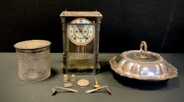 A 19th century Ansonia four glass cock, cream dial, Arabic numerals, eight day movement, brass case;
