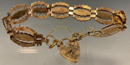 A fancy link 9ct rose gold bracelet, padlock clasp, 9.7g