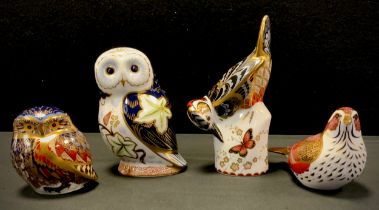 Royal Crown Derby paperweights - Great-spotted Woodpecker, Red Wing, Twilight Owl, Little Owl,