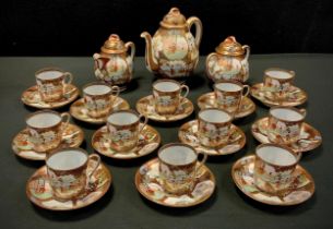 A Japanese egg shell porcelain coffee set for twelve, intricately decorated with panels of figure