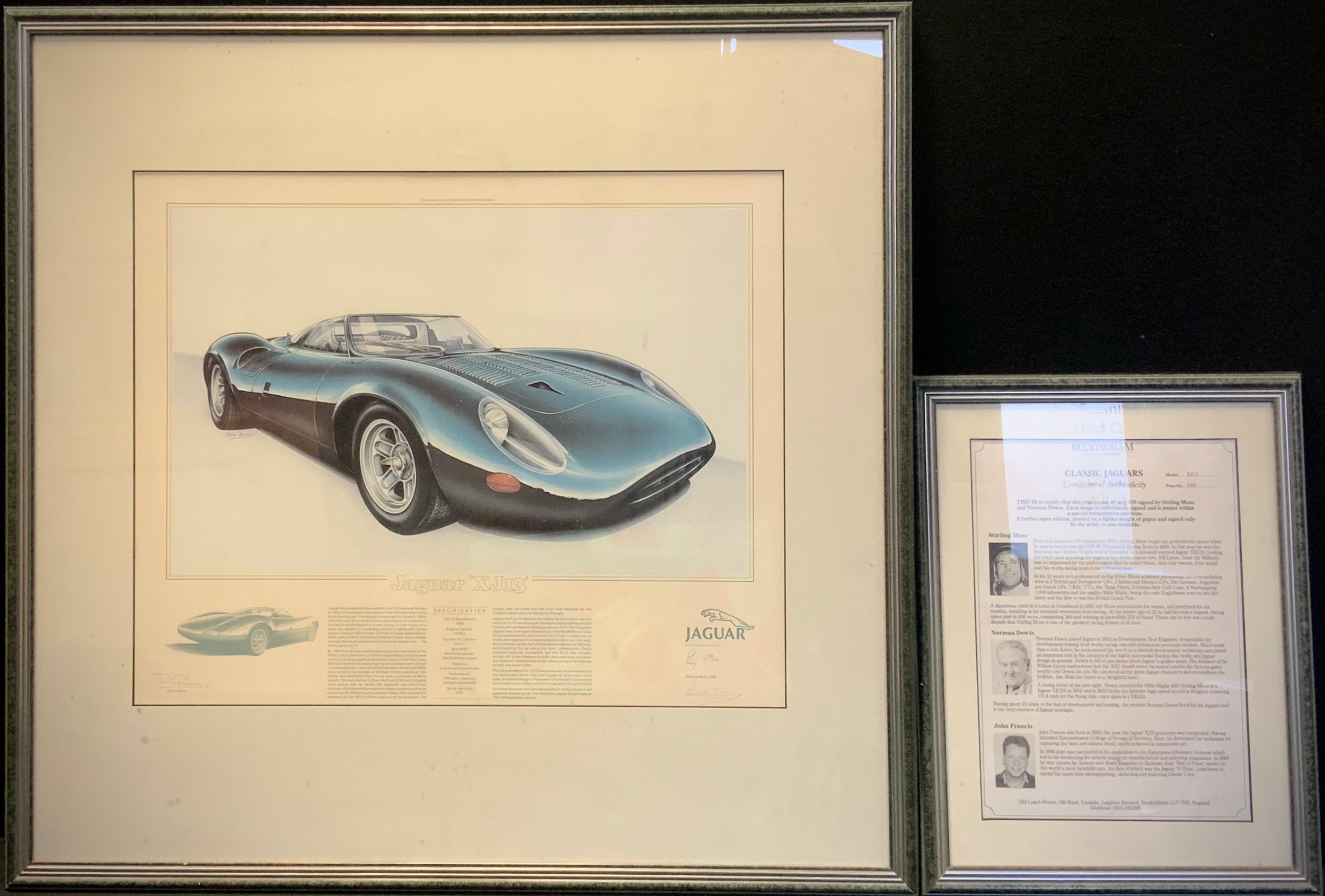 John Francis, By and after, Jaguar XJ13, signed in pencil by Stirling Moss, and Norman Dewis,