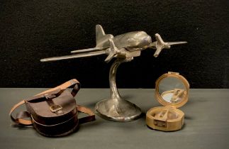 A polished chrome model as a twin engine propeller aircraft, reproduction Stanley marine compass (2)