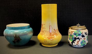 The Foley Faience 'Windmills and Boats' yellow baluster vase, 31cm tall, Wileman and Co blue