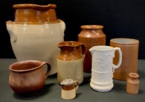 Stoneware including a large 19th century mug,10cm high, twin handled vessel, 30cm high; etc