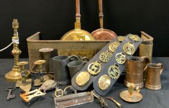 Copper and Brass - horses brasses, copper and pewter tankards, trench art, lamp with ruby cabochons,