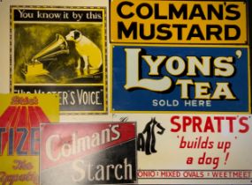Enamel signs advertising 'Lyons's tea', 'Spratts', 'Tizer' , 'Colman's Starch'; etc (6)