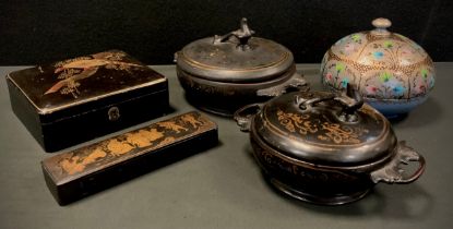 A pair of graduated Japanese lacquered twin handled bowls and covers; rectangular box etc (5)