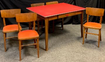 A 1960/70’s Formica top table, 76cm high x 122cm wide x 91cm; a set of five conforming chairs, (6).