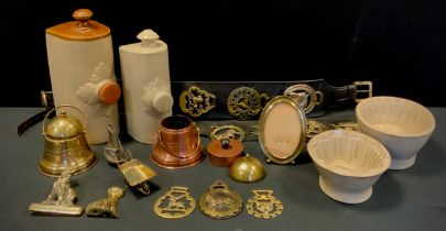 Boxes and Objects - stoneware hot water bottles, Victorian jelly moulds, horse brasses, two bell-