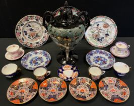 Ceramics - a pair of late 19th century Sampson Hancock Derby trios, painted in the Imari pallet,