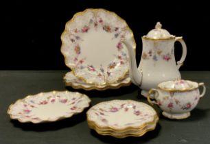 A Royal Crown Derby Royal Antoinette pattern coffee pot, three wavy rim plates, five smaller
