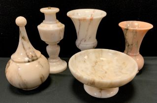Marble including ovoid vase,18cm high, another similar, 21cm high, bowl on plinth, lidded jar (5)