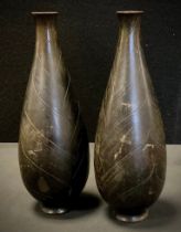 A pair of Japanese brown patinated bronze vases, Meiji period