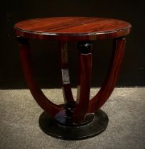 A reproduction Art Deco style occasional table, circular top, cradle-type pedestal base, stepped