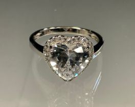 A silver Love Heart dress ring, with central heart cut white cubic zirconia surrounded by a halo