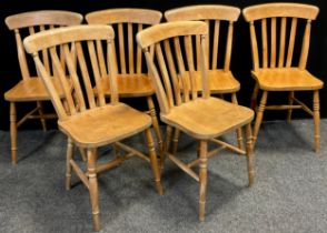 A set of four lath-back farmhouse kitchen chairs, and a further two very similar, (6).