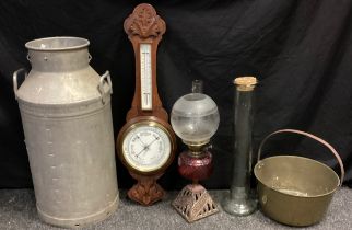 A tin milk churn ‘MILK MARKETING BOARD’,71cm high, a wooden carved barometer, jam pan, oil lamp; etc