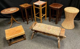 A Scandinavian style pine stool, 44.5cm high x 90cm x 24.5cm; 19th century oak foot stool, leather