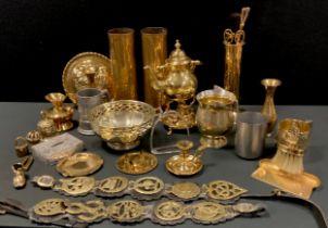 A Quantity of Brass and Copper; Two Artillery shells; Companion set; Tankards; Two Horse Harness