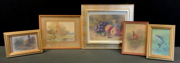 English School (20th century), a pair, Pheasants, watercolours, unsigned; others Fish, Still life