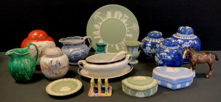 Ceramics - three Chinese blue and white Prunus pattern jars and covers, others famille rose, Kutani;