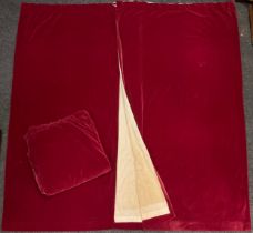 A pair of Red Velvet fully lined curtains, bespoke made, with heading tape, 214cm drop x 228cm