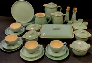 Denby 'Celedon' green table and oven ware including coffee pot, tea pot, four dinner plates, four