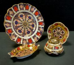 A Royal Crown Derby 1128 Imari wavy rim plate, 22cm diameter, 1993; oval trinket dish, 1974 etc, all