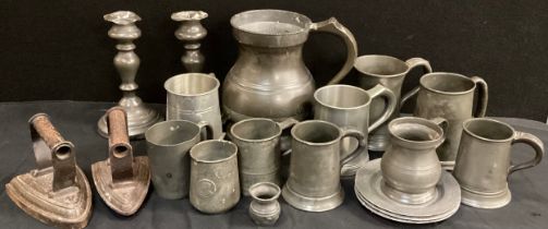 Pewter - pewter ale measurer, 20cm high, pair of candlesticks,20cm high, tankards; etc