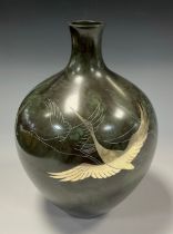 A contemporary Japanese bronze vase, having a good patination in tones of deep to light green,