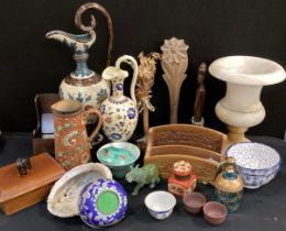 Boxes and Objects - A marble urn, 26cm, cloisonné bowl, 11cm dia, treen including African figure,