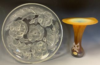 A Lalique style Verlys frosted and clear glass bowl, relief decorated with flowers, indistinctly