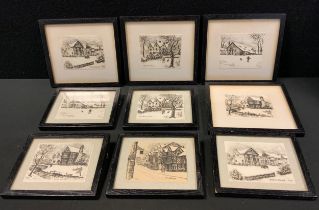 A set of nine P.Wright miniature engravings including; 'Chorley Old Hall', 'Hawthorn Hall', 'Mottram
