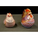 Royal Crown Derby Paperweights - Cockerel gold stopper; Hen silver stopper (2).