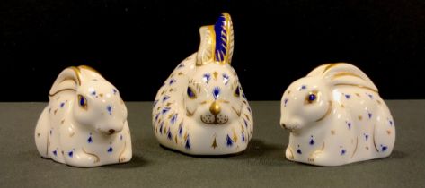 Royal Crown Derby Paperweights - Blue and gold bunny rabbit; a pair of small bunnies, all silver