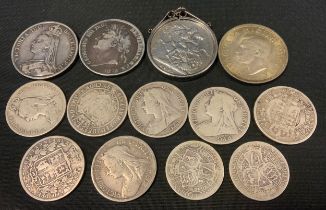 Coins & Tokens - A George IV silver crown, 1822, others 1890, 1893, 1937, half crowns 1882, 1895,