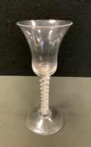 An 18th Century air twist stem wine glass, bell-shaped bowl, multi helix opaque stem, 17cm high, c.