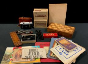 Boxes & Objects - , vintage driving goggles, Children's Pop up and other books, checkers set, two