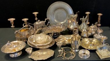 Silver plate - a Victorian three piece tea set, pair of candlesticks, oval basket, pewter charger