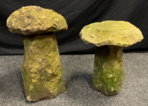 Two Derbyshire staddle stones, the largest 47.5cm high x 30cm wide, (2).