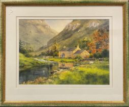 20th century, English school, Derbyshire Fells & River Cottage, watercolour, signed, 36cm x 50cm