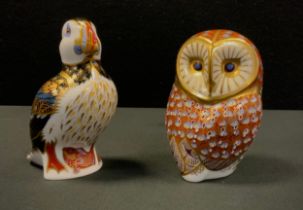 Royal Crown Derby Paperweights - Barn owl, Puffin, both gold stoppers (2)