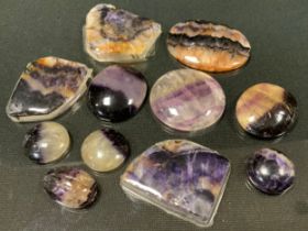 Blue john flourite unmounted loose gemstones, oval and circular cabochon cut, free form sections etc