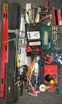 Tools - Clarke air nail gun, various clamps, F clamps, quick release, spirit levels, hand saws,